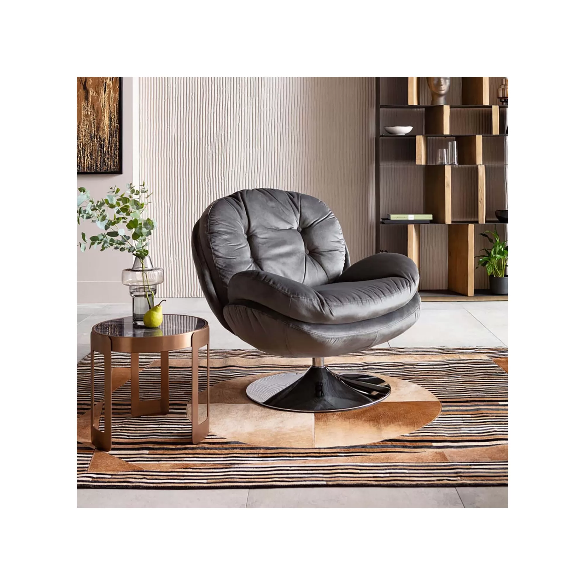 KARE Design Fauteuil Pivotant Cosy Velours Gris ^ Fauteuil