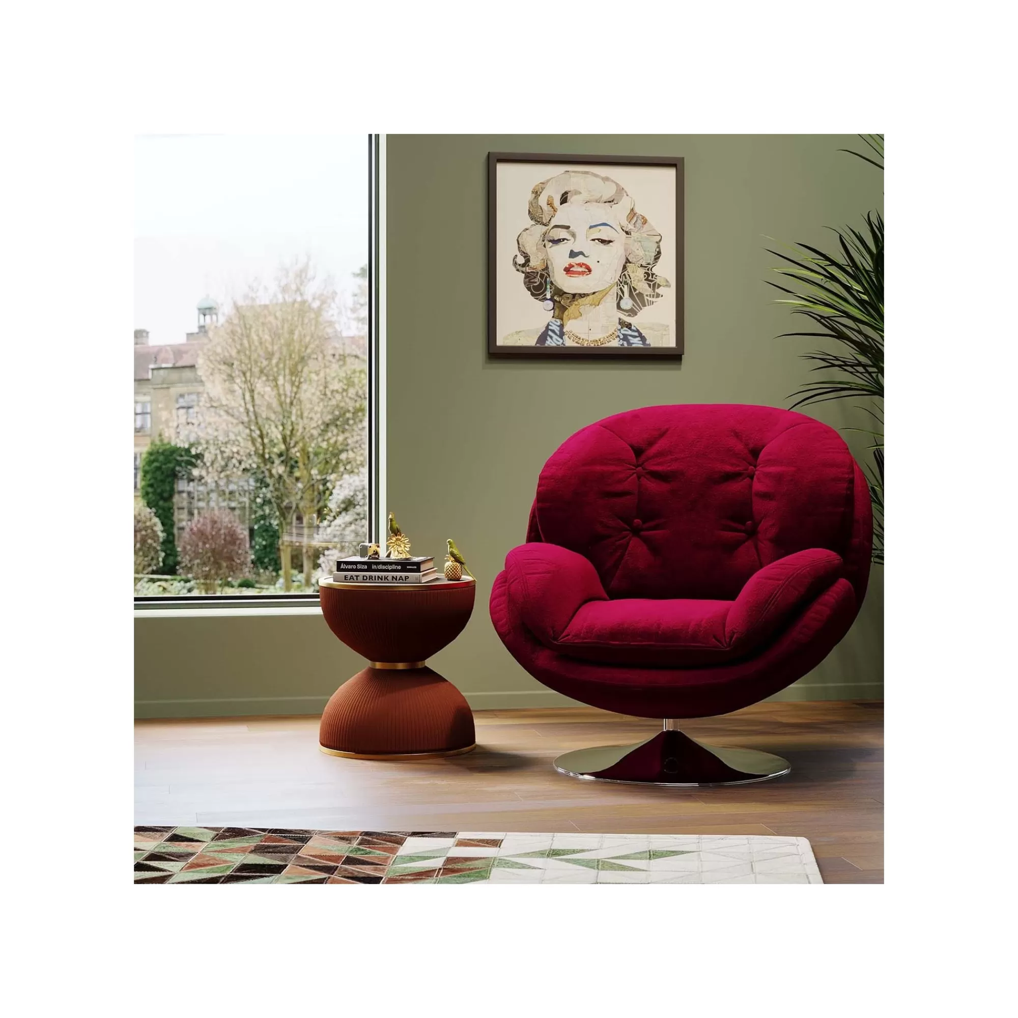 KARE Design Fauteuil Pivotant Cosy Velours Rouge ^ Fauteuil