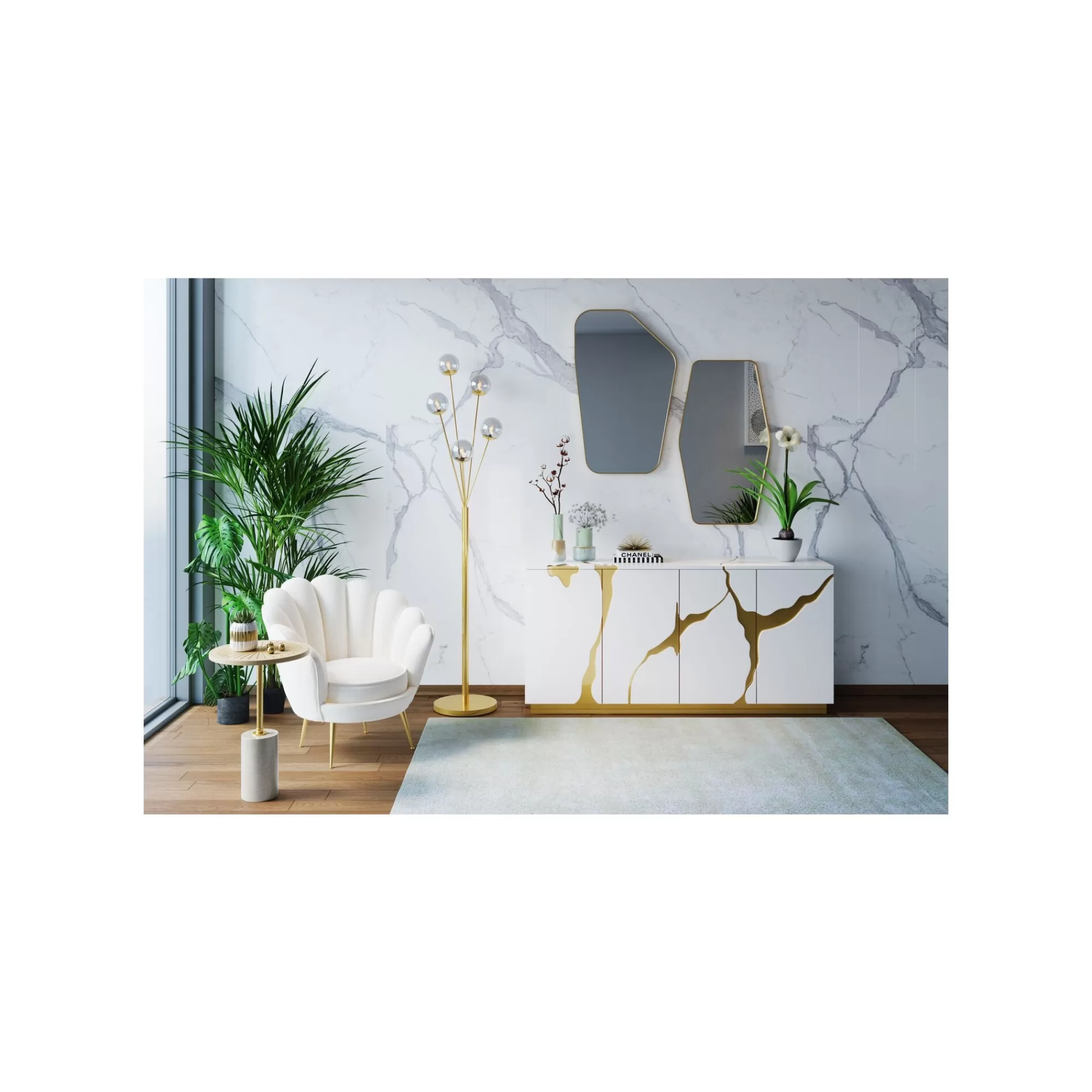 KARE Design Fauteuil Water Lily Velours écru Et Acier Doré ^ Fauteuil