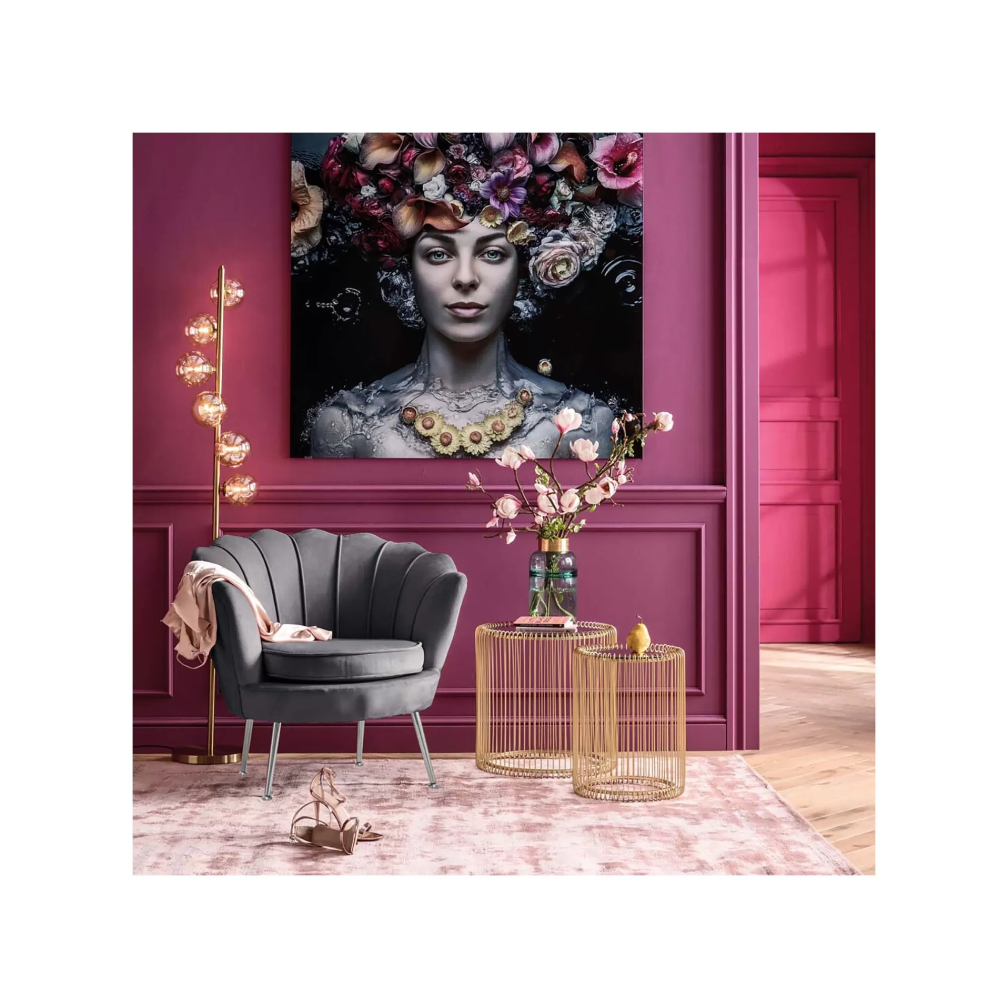 KARE Design Fauteuil Water Lily Velours Gris Et Acier Doré ^ Fauteuil