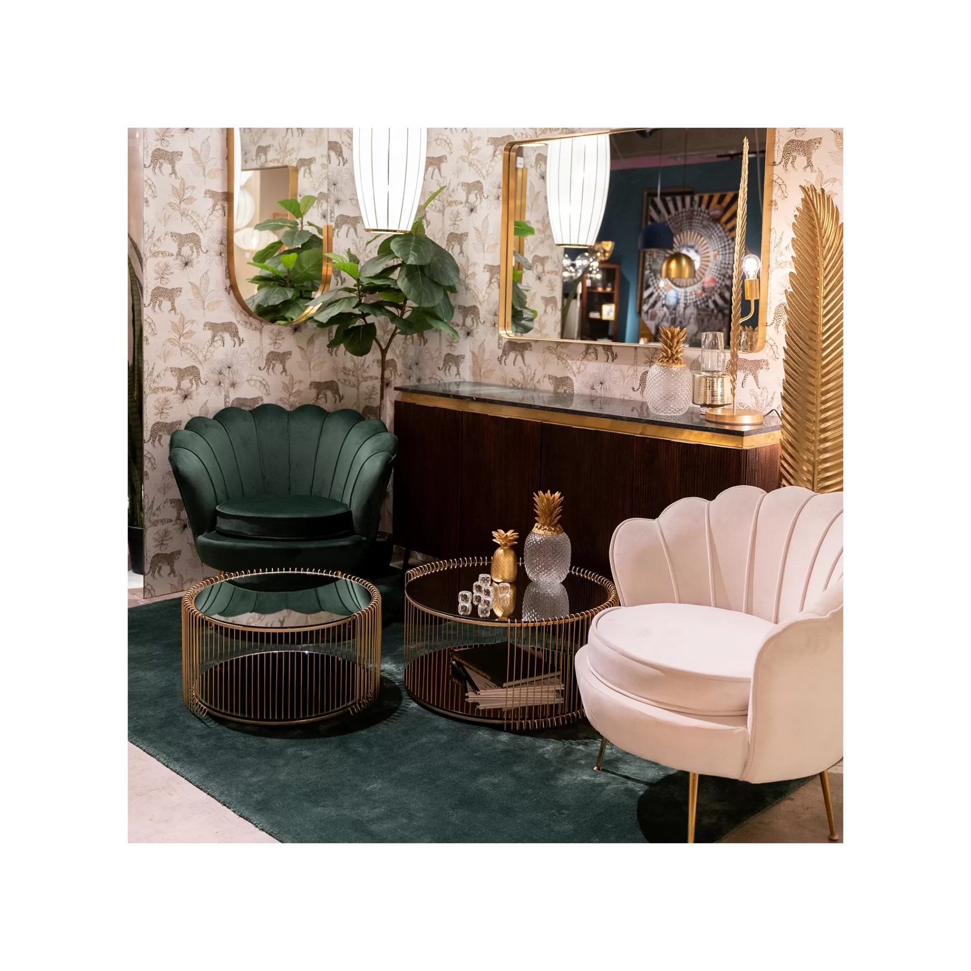 KARE Design Fauteuil Water Lily Velours Vert Et Acier Doré ^ Fauteuil