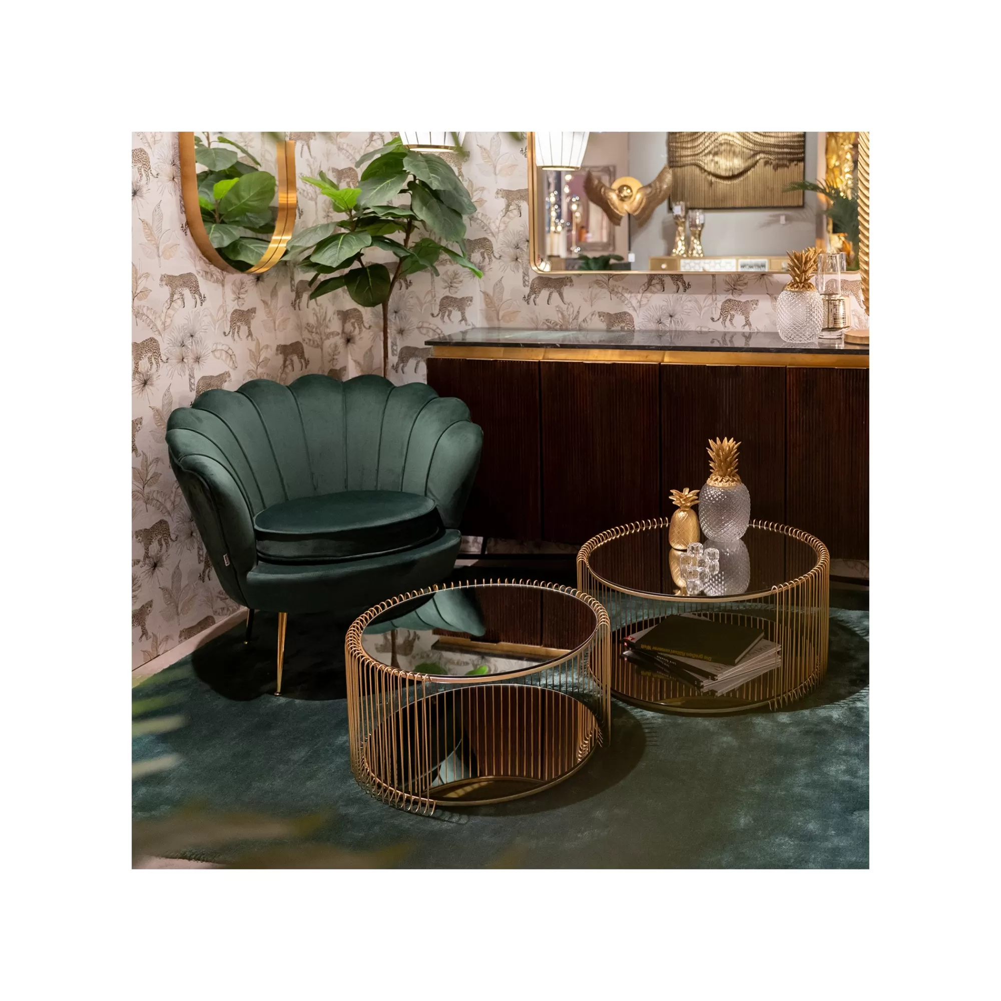KARE Design Fauteuil Water Lily Velours Vert Et Acier Doré ^ Fauteuil