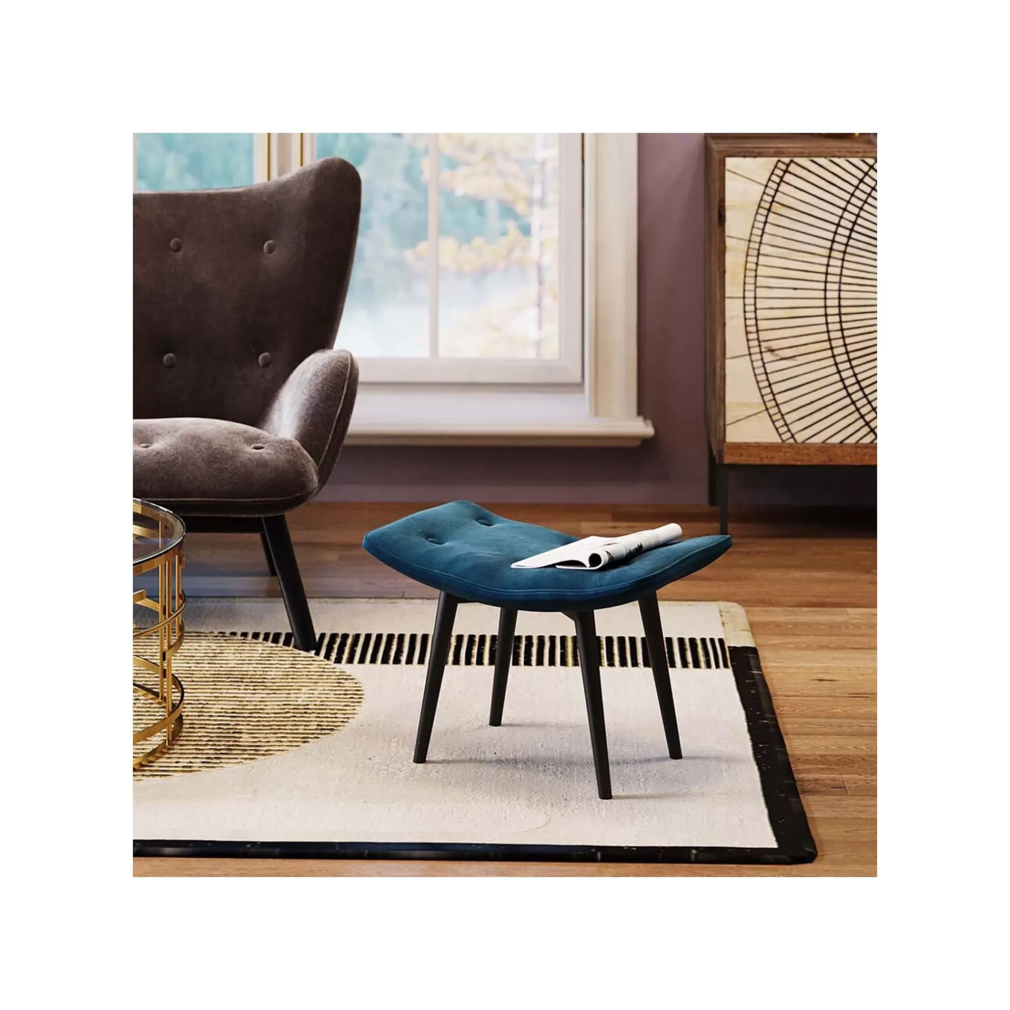 KARE Design Repose-pieds Vicky Velours Bleu Pétrole ^ Tabouret & Pouf