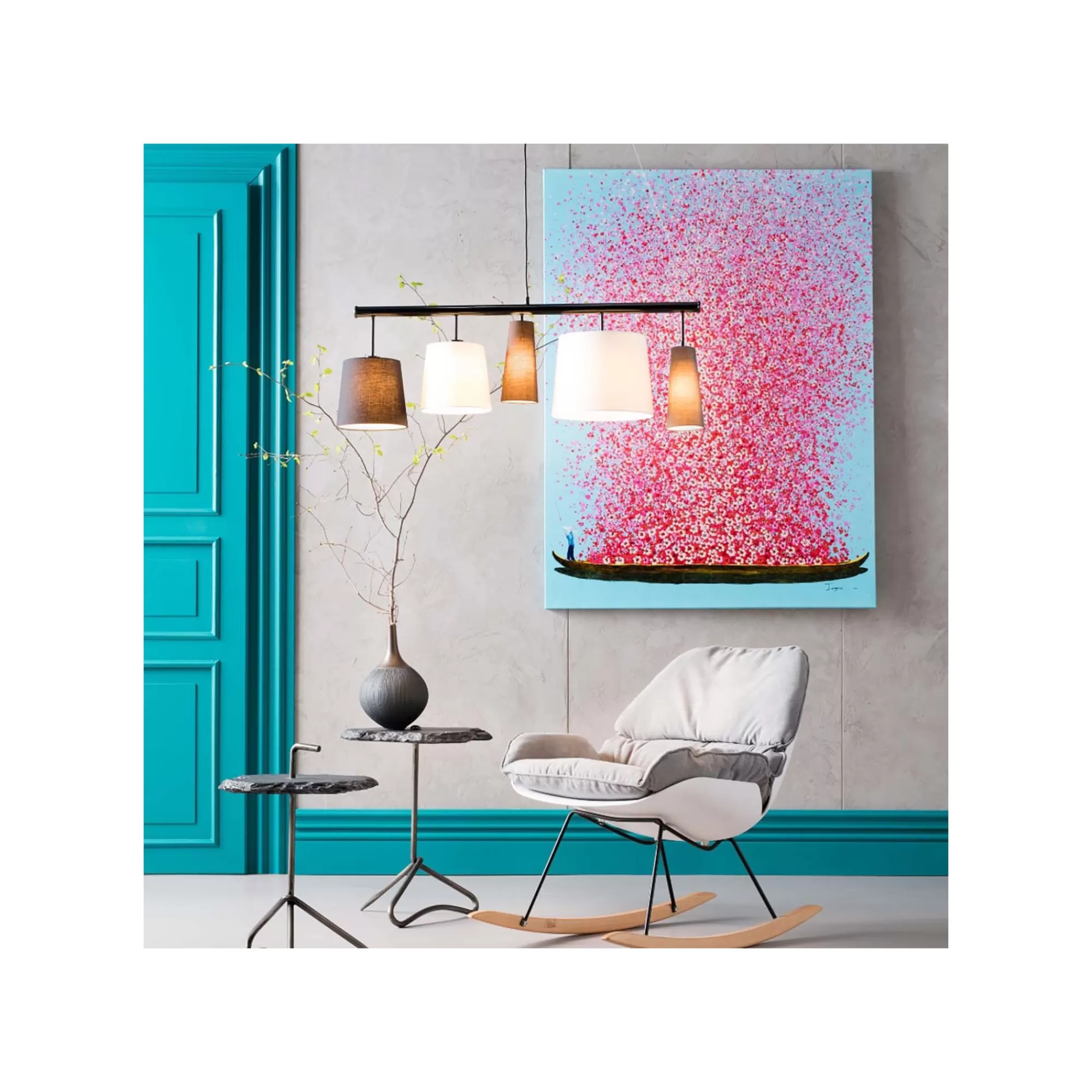 KARE Design Tableau Touched Fleurs Pirogue Bleu Et Rose 120x160cm ^ Tableau