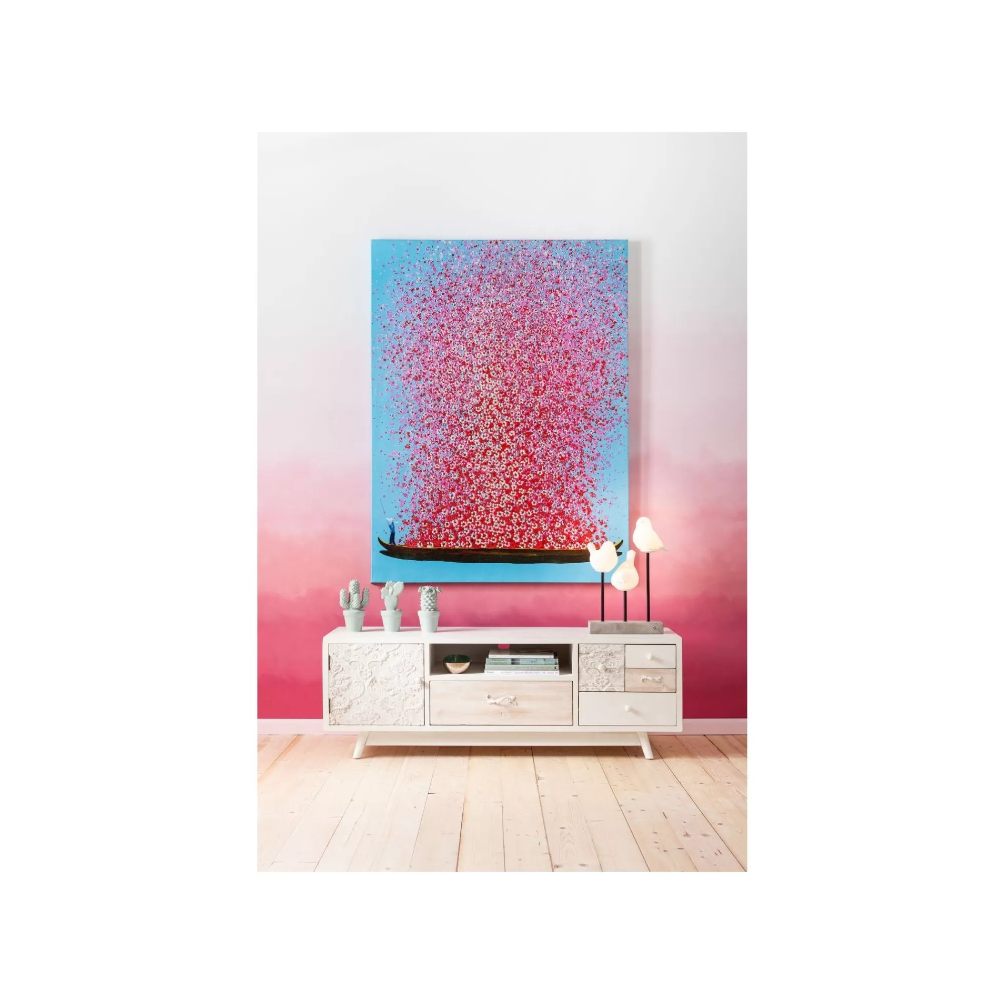 KARE Design Tableau Touched Fleurs Pirogue Bleu Et Rose 120x160cm ^ Tableau